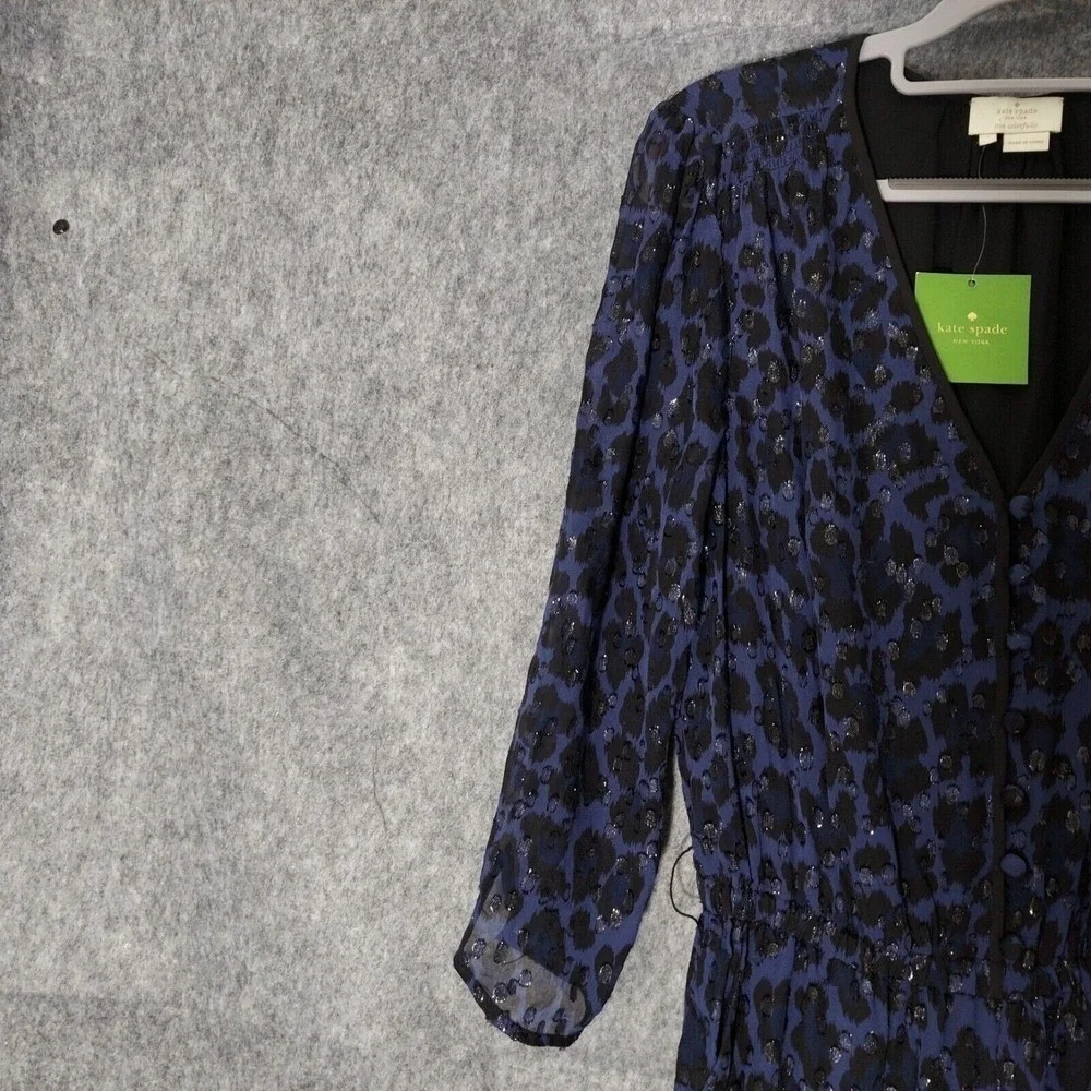 Kate Spade Jumpsuit Women 0 Navy‎ Silk Leopard Swiss Dot Metallic Retro Party